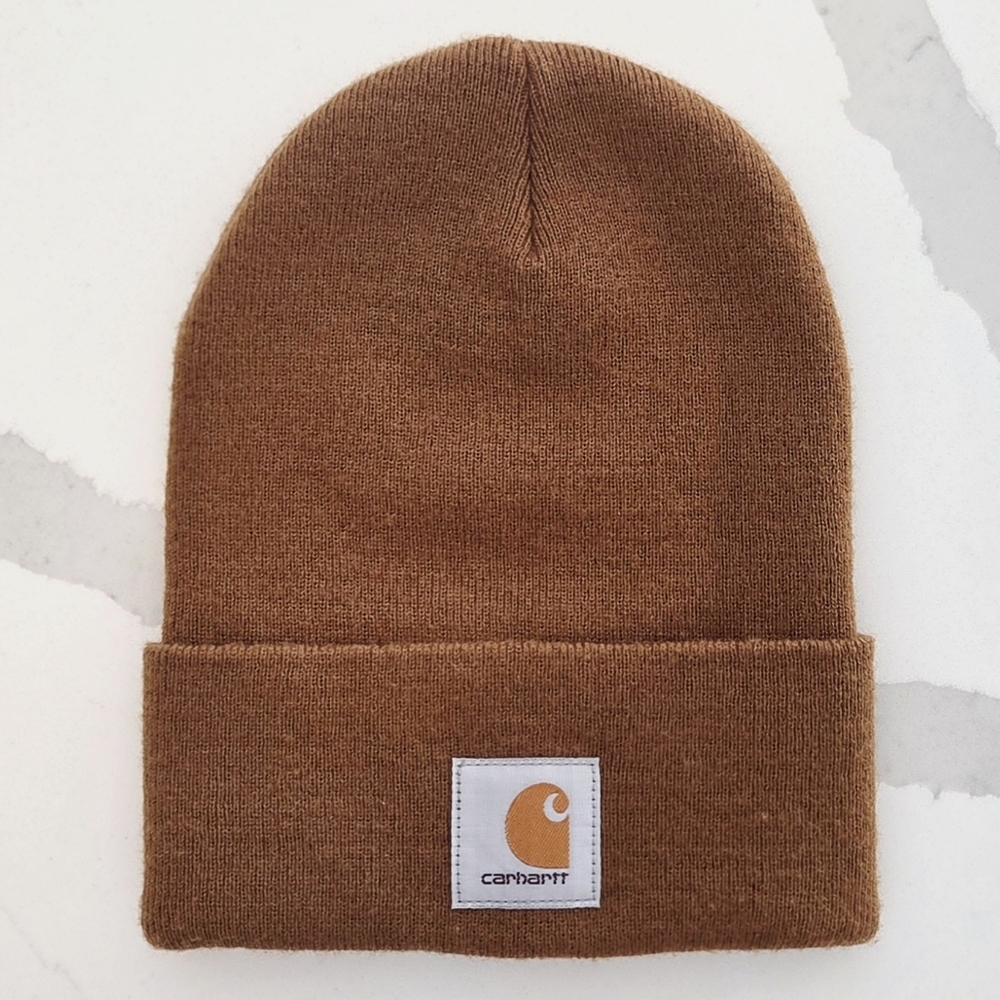 Carhartt Knit Watch Cap Brown Beanie with Cuffed Logo Patch - Picture 2 of 5